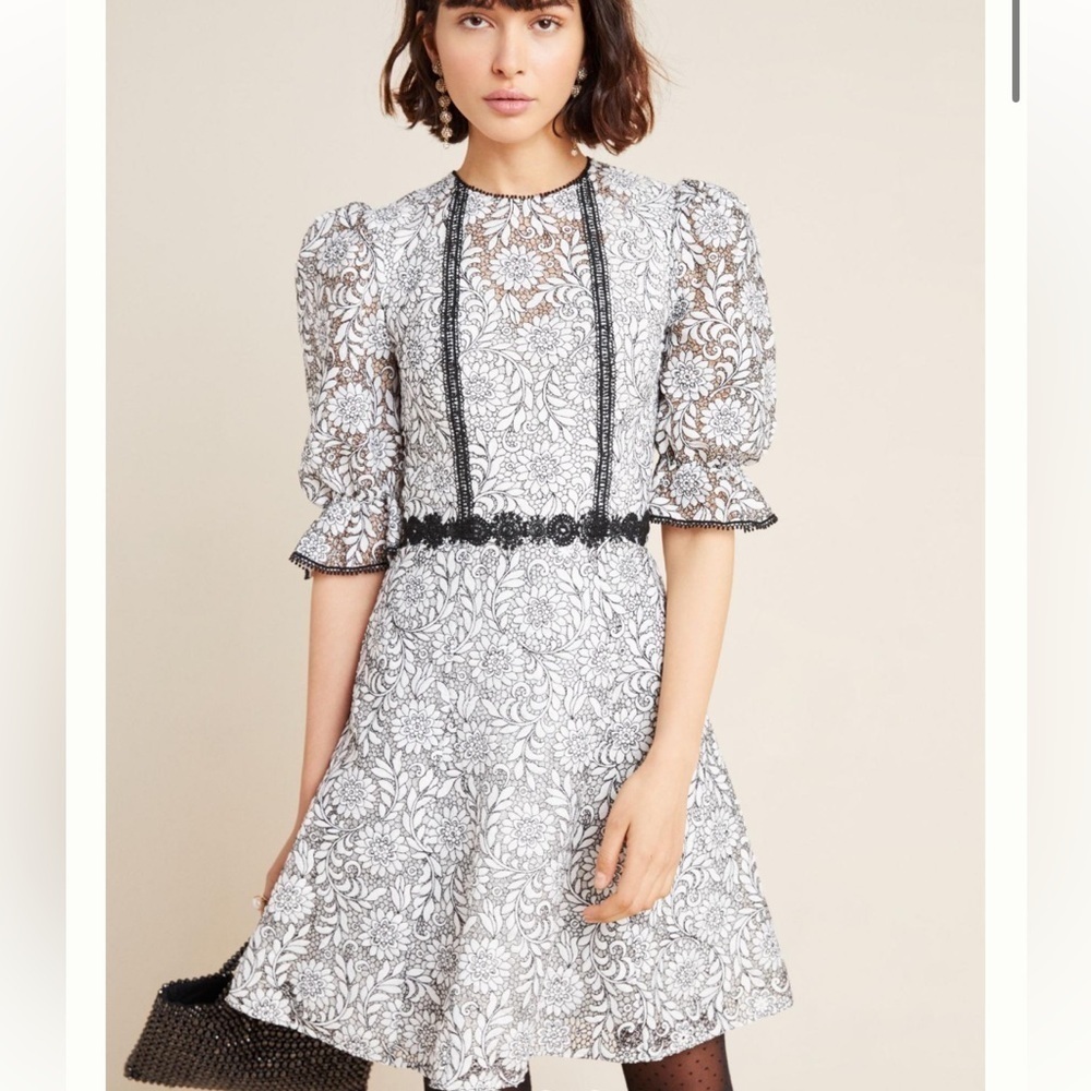 MONIQUE LHUILLIER Short Sleeve Embroidered Lace Mini Dress